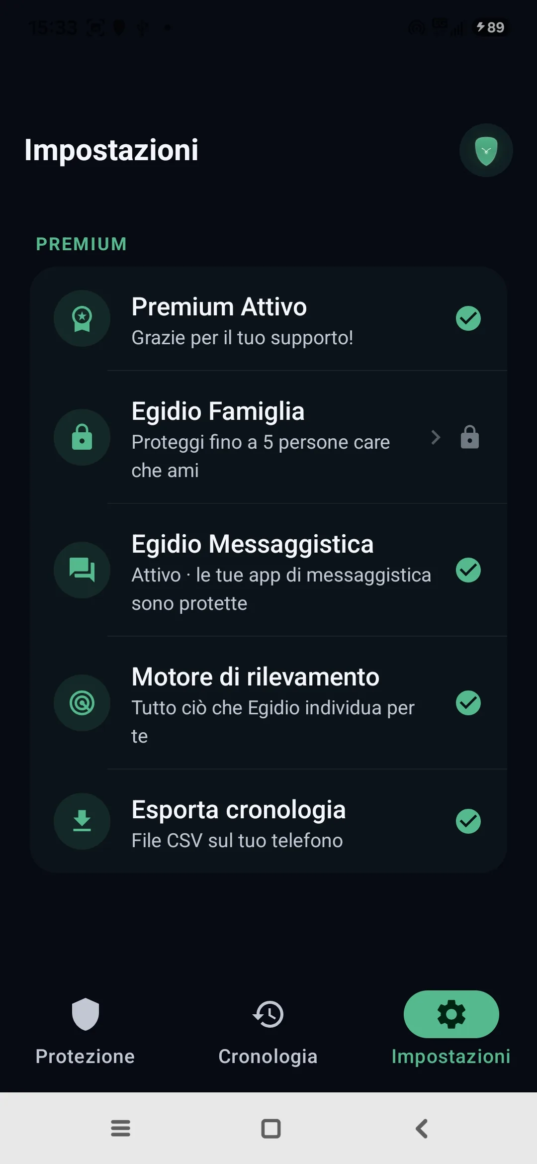 Impostazioni Egidio: Premium attivo, modalità Famiglia, messaggistica protetta, motore di rilevamento