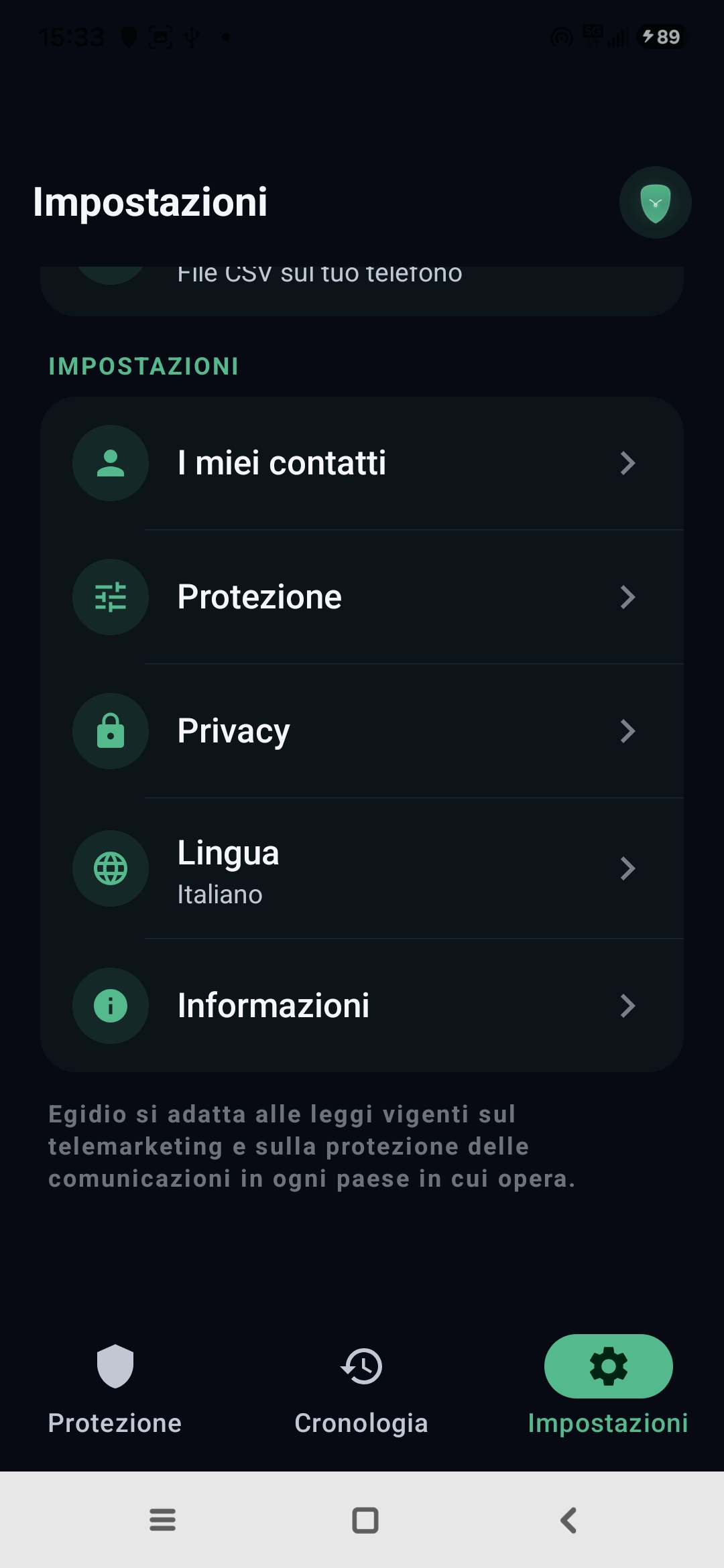 Impostazioni Egidio: contatti, protezione, privacy, lingua, informazioni
