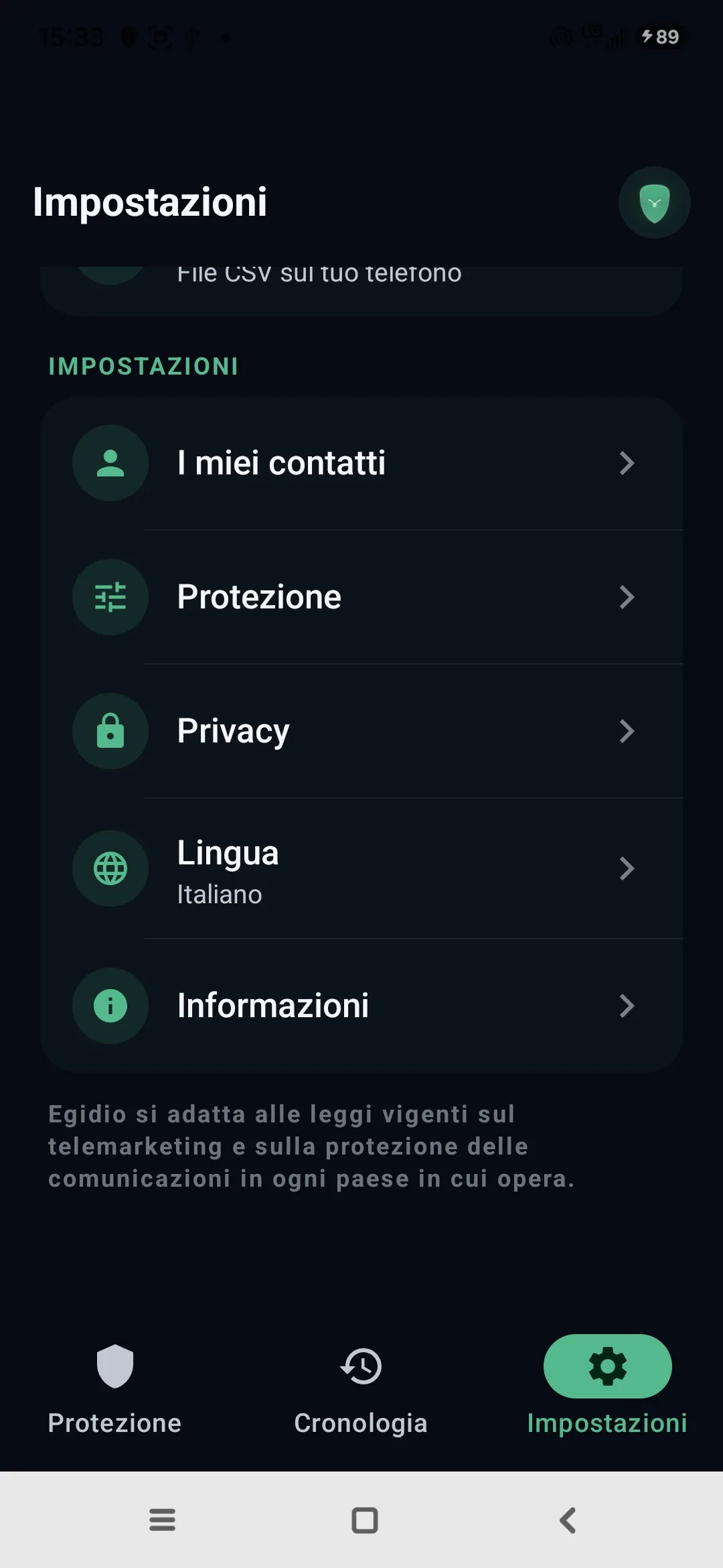 Impostazioni Egidio: contatti, protezione, privacy, lingua, informazioni