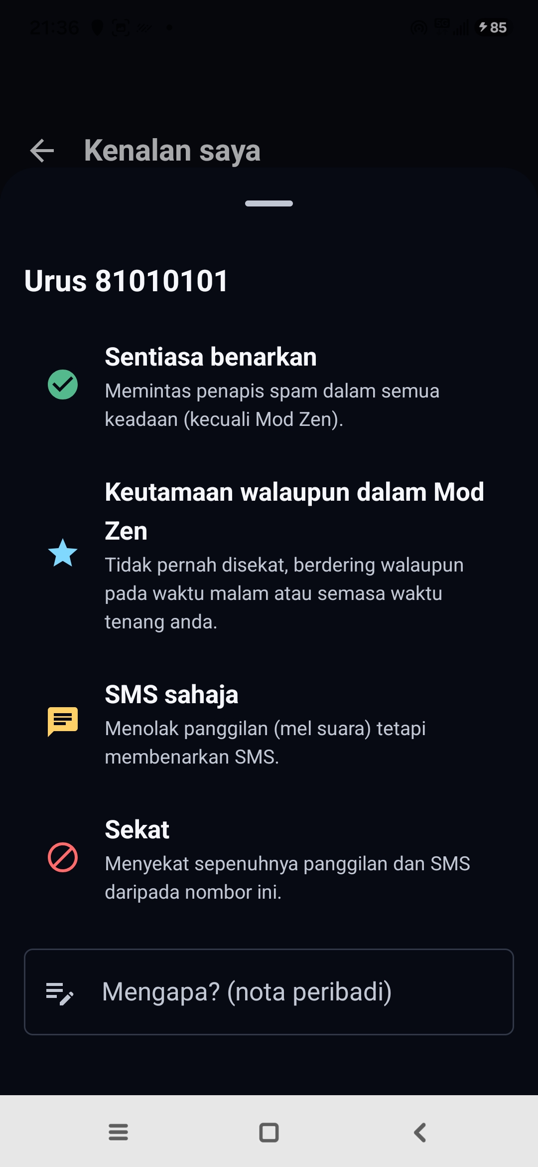 Skrin Kenalan saya Egidio: urus satu nombor dengan pilihan Sentiasa benarkan, Keutamaan walaupun dalam Mod Zen, SMS sahaja, Sekat