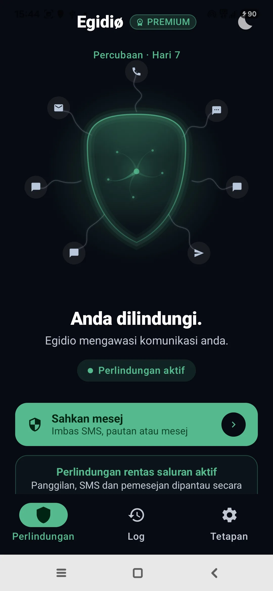Skrin utama sebenar aplikasi Egidio, dengan perisai Medusa aktif