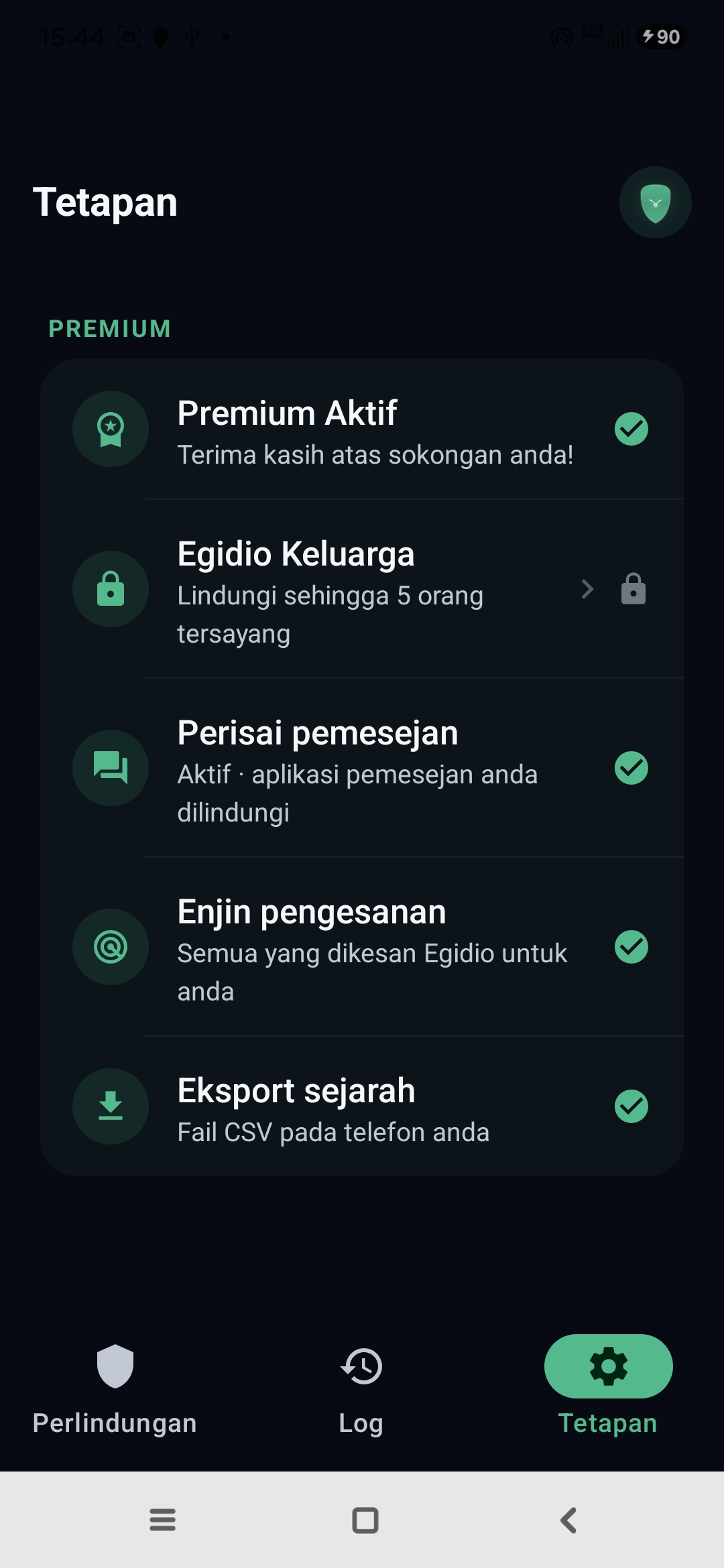 Tetapan Egidio: Premium aktif, mod Keluarga, pemesejan dilindungi, enjin pengesanan