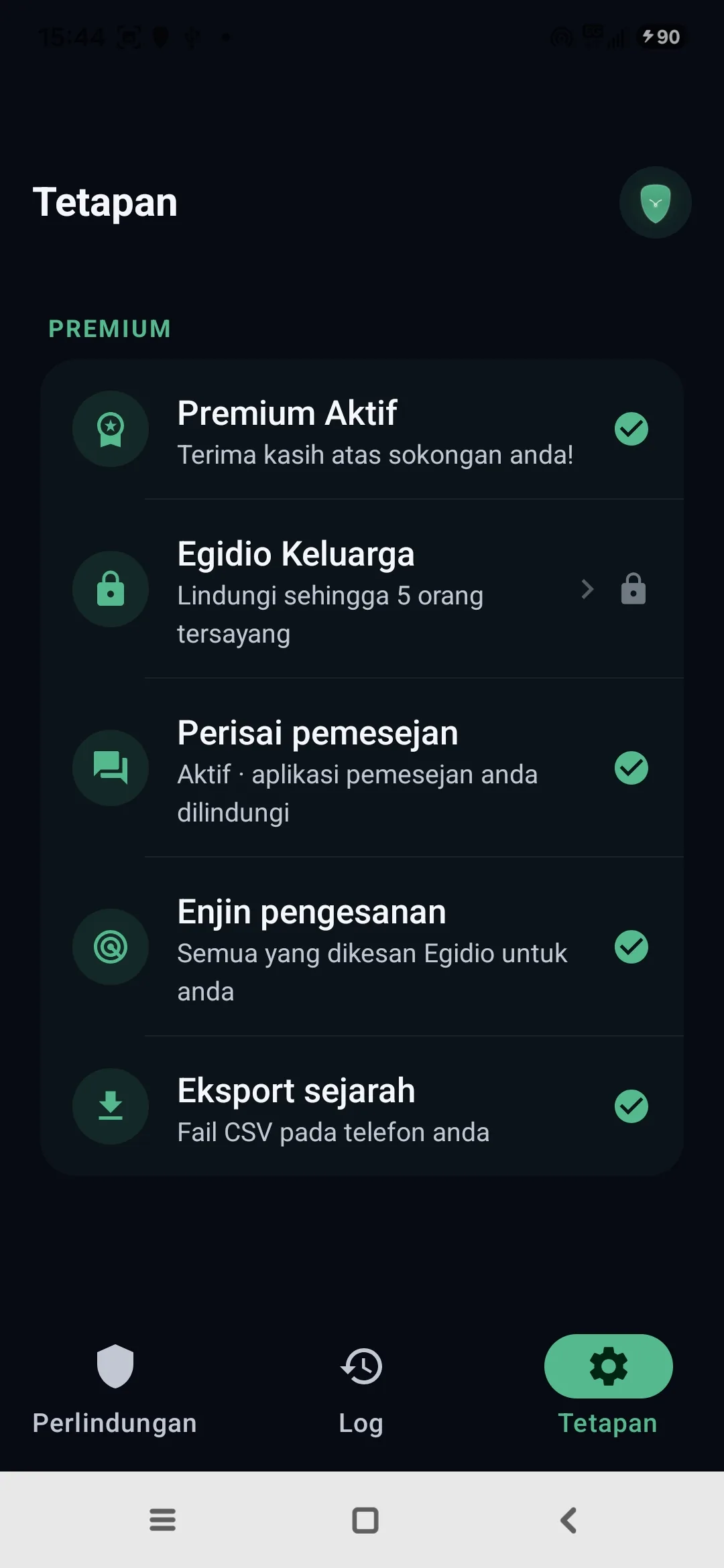Tetapan Egidio: Premium aktif, mod Keluarga, pemesejan dilindungi, enjin pengesanan