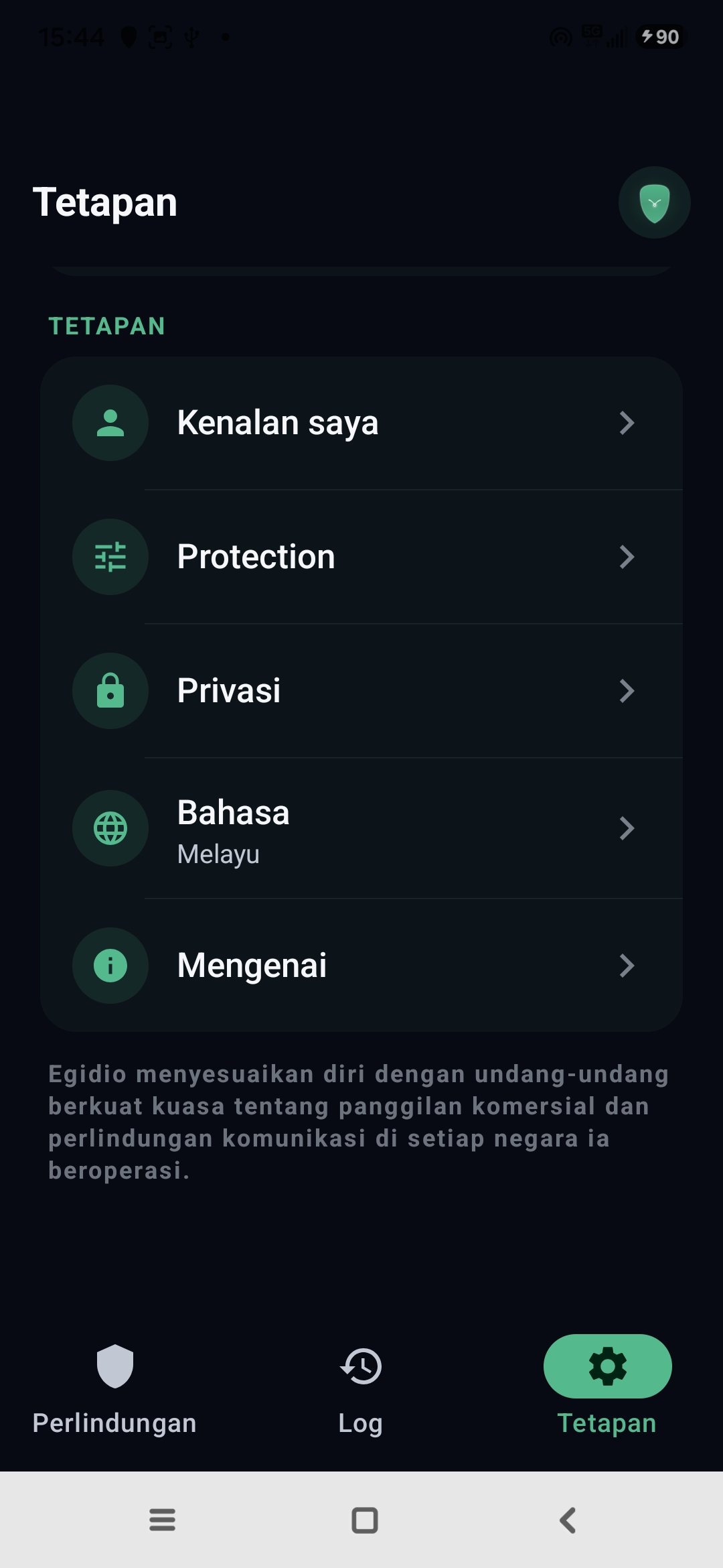 Tetapan Egidio: kenalan, perlindungan, privasi, bahasa, mengenai