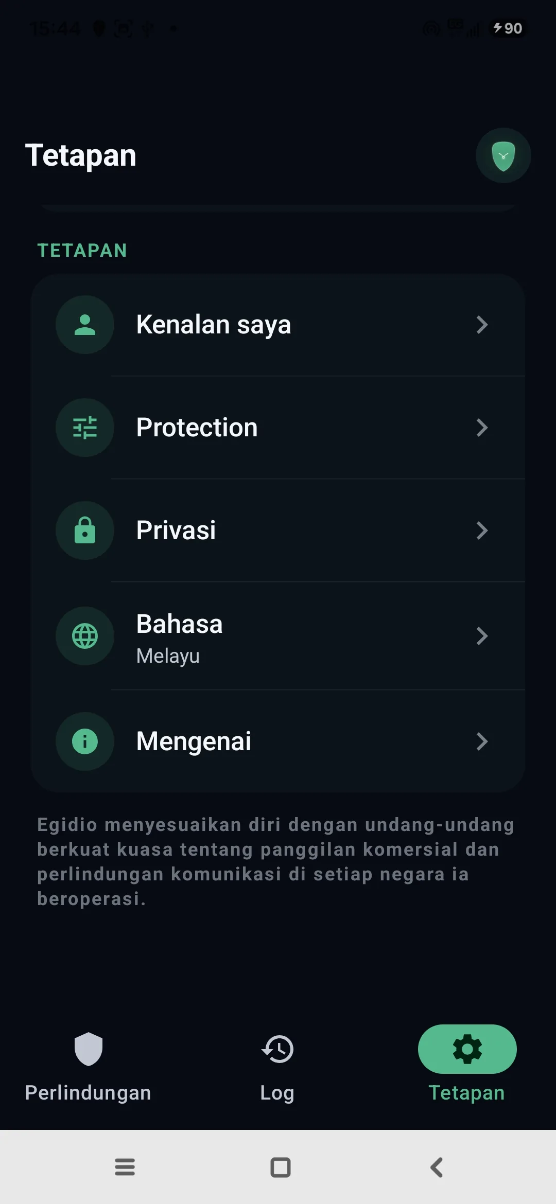 Tetapan Egidio: kenalan, perlindungan, privasi, bahasa, mengenai