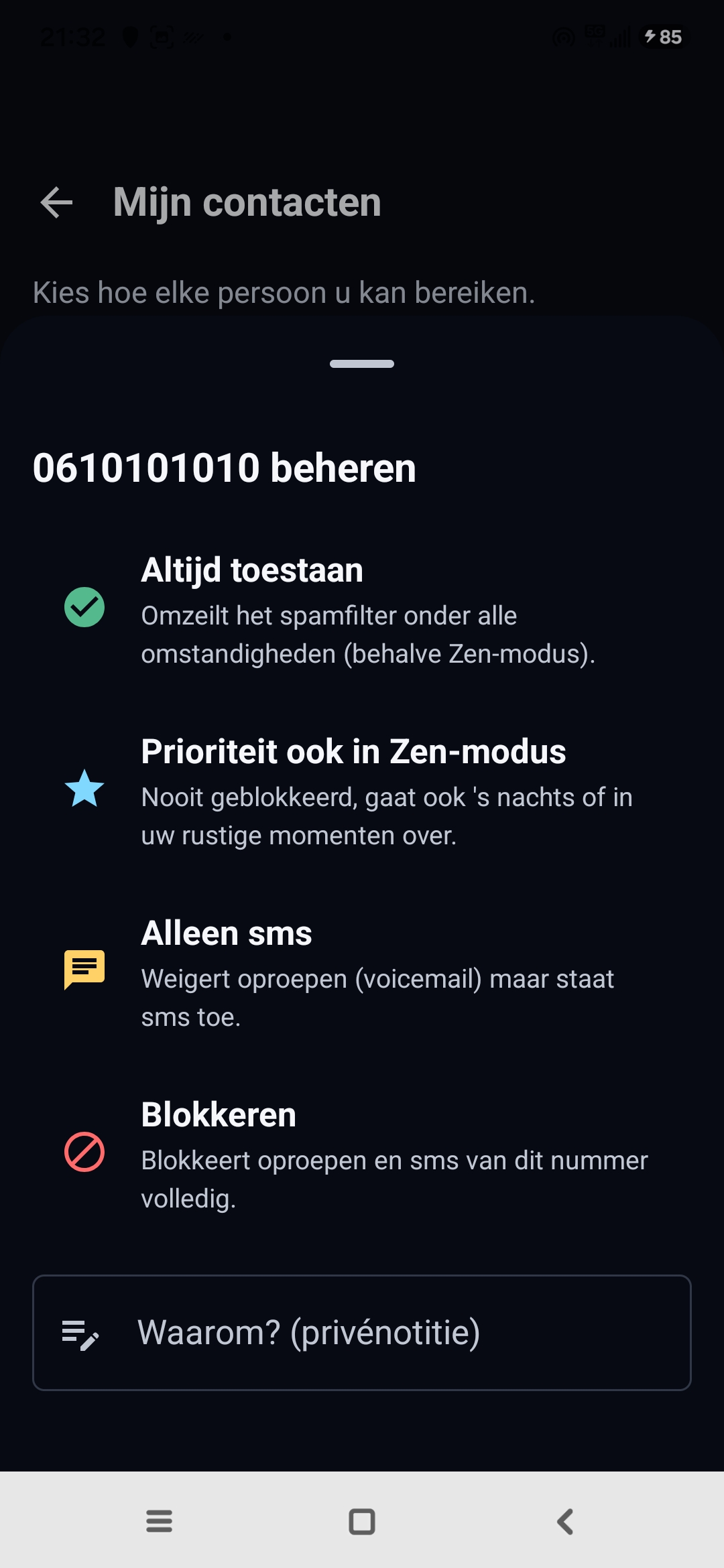 Scherm Mijn contacten van Egidio: een nummer beheren met de opties Altijd toestaan, Prioriteit ook in Zen-modus, Alleen sms, Blokkeren