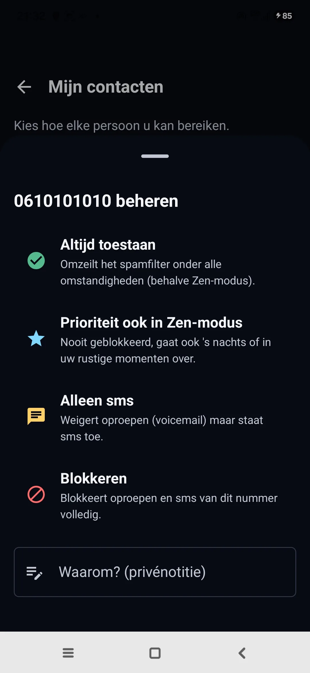 Scherm Mijn contacten van Egidio: kies per nummer Altijd toestaan, Prioriteit ook in Zen-modus, of Blokkeren