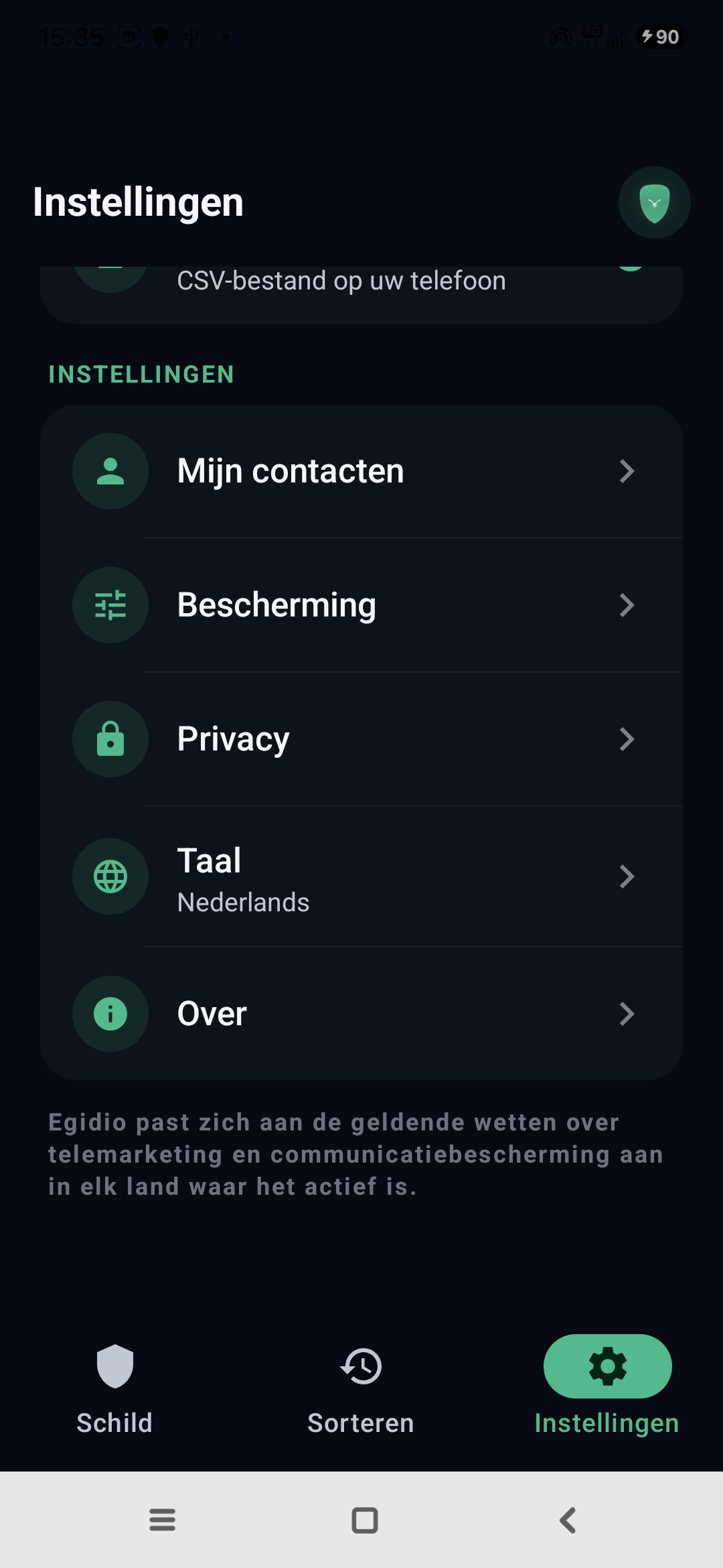 Egidio-instellingen: Premium actief, gezinsmodus, beschermde berichten, detectiemotor