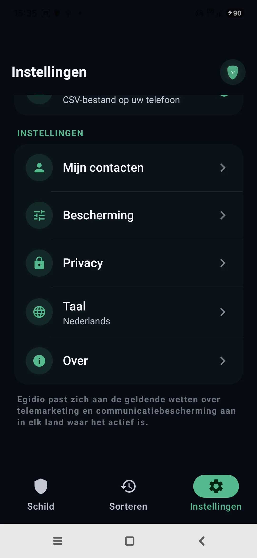 Egidio-instellingen: Premium actief, gezinsmodus, beschermde berichten, detectiemotor