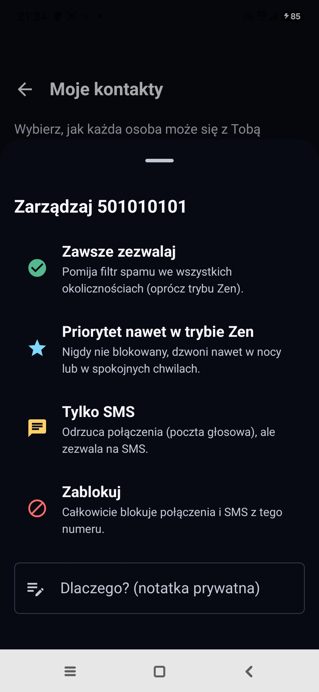 Ekran Moje kontakty Egidio: zarządzanie numerem z opcjami Zawsze zezwalaj, Priorytet nawet w trybie Zen, Tylko SMS, Zablokuj
