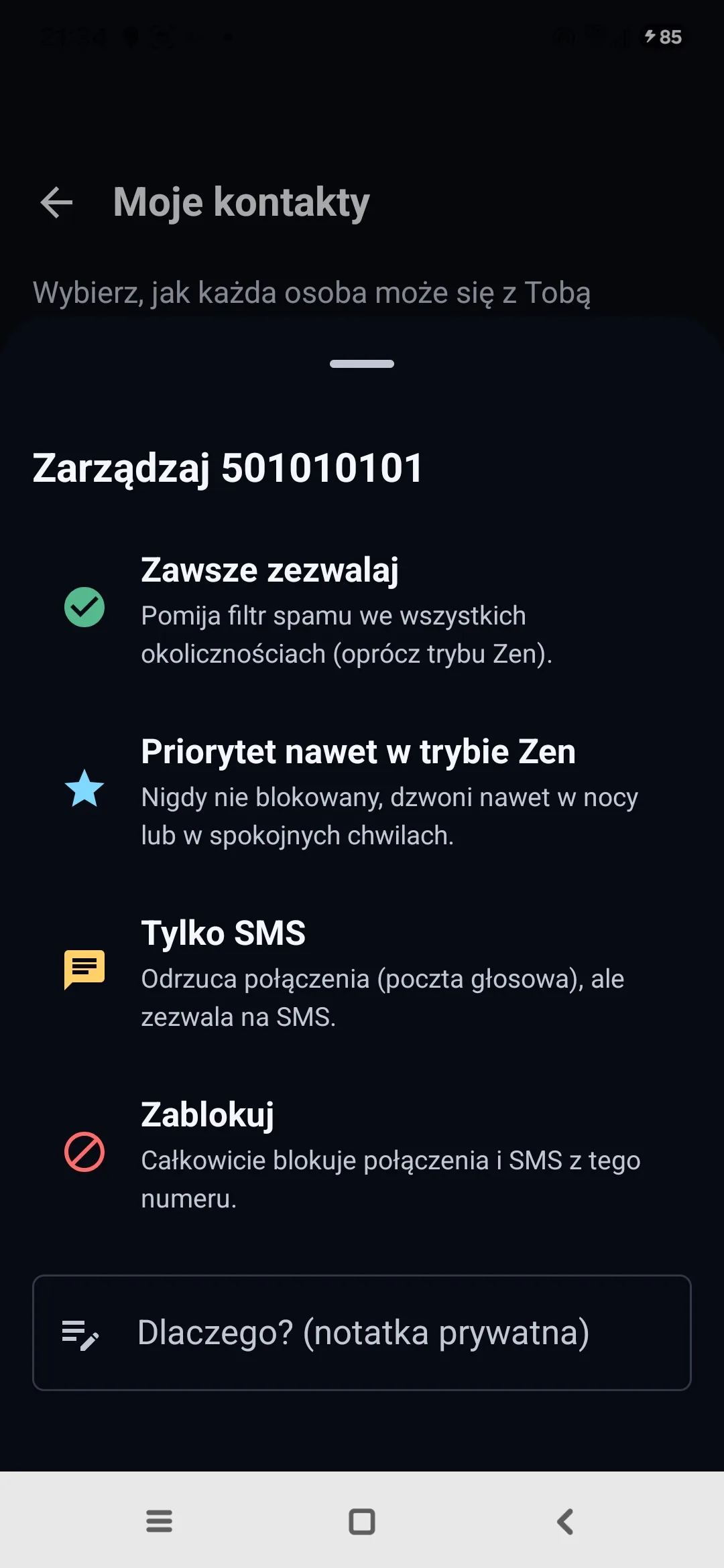 Ekran Moje kontakty Egidio: dla każdego numeru Zawsze zezwalaj, Priorytet nawet w trybie Zen, lub Zablokuj