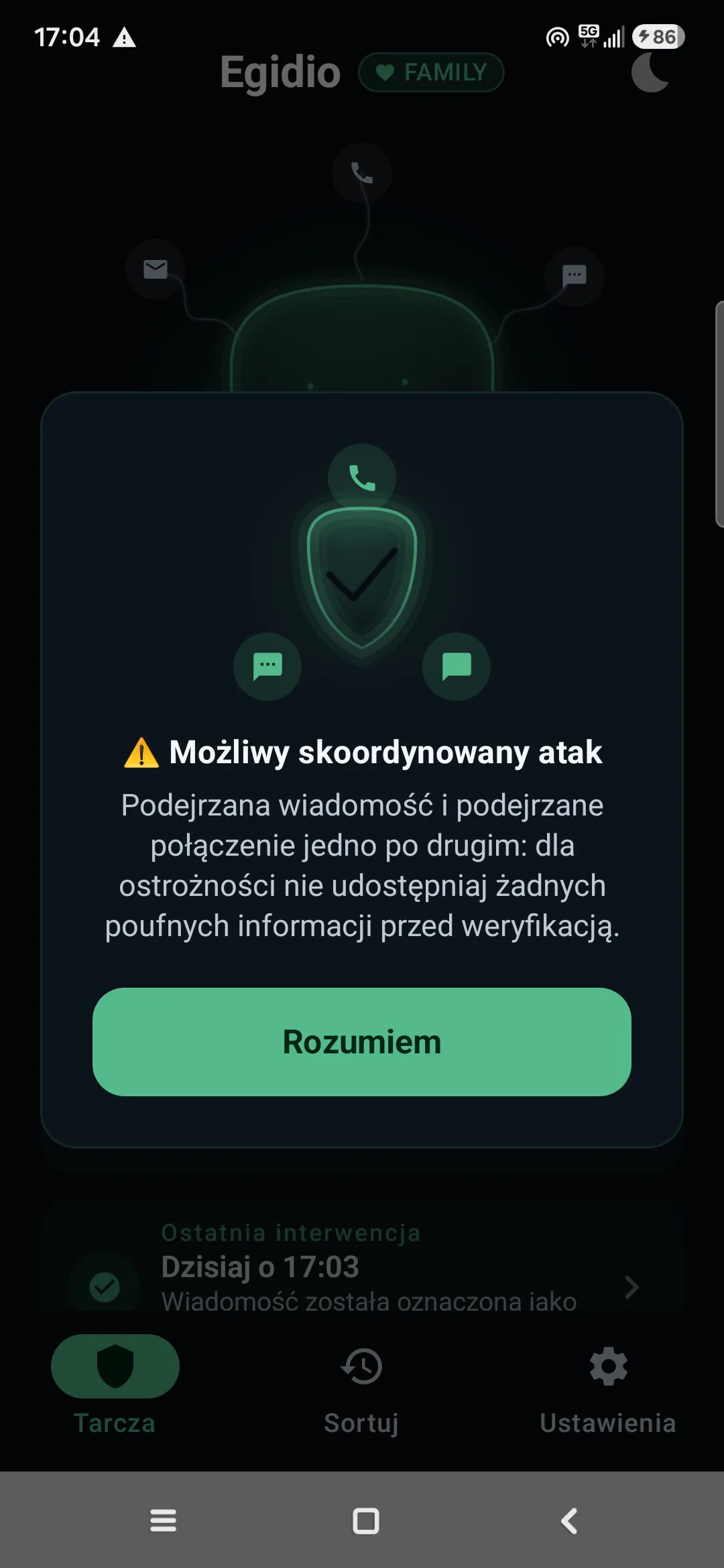 Powiadomienie Egidio: Możliwy skoordynowany atak — podejrzana wiadomość i podejrzane połączenie jedno po drugim