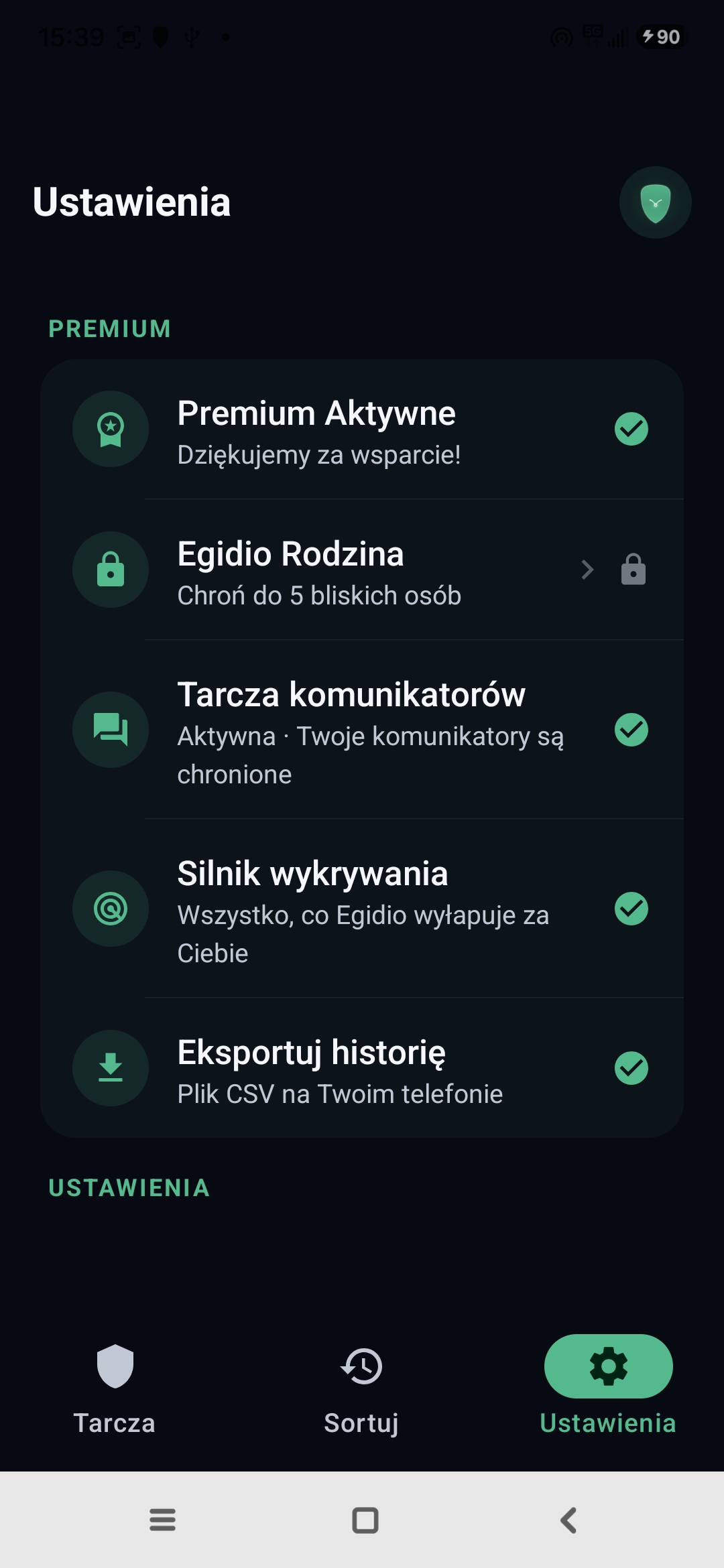 Ustawienia Egidio: Premium aktywne, tryb Rodzina, chroniona skrzynka wiadomości, silnik wykrywania