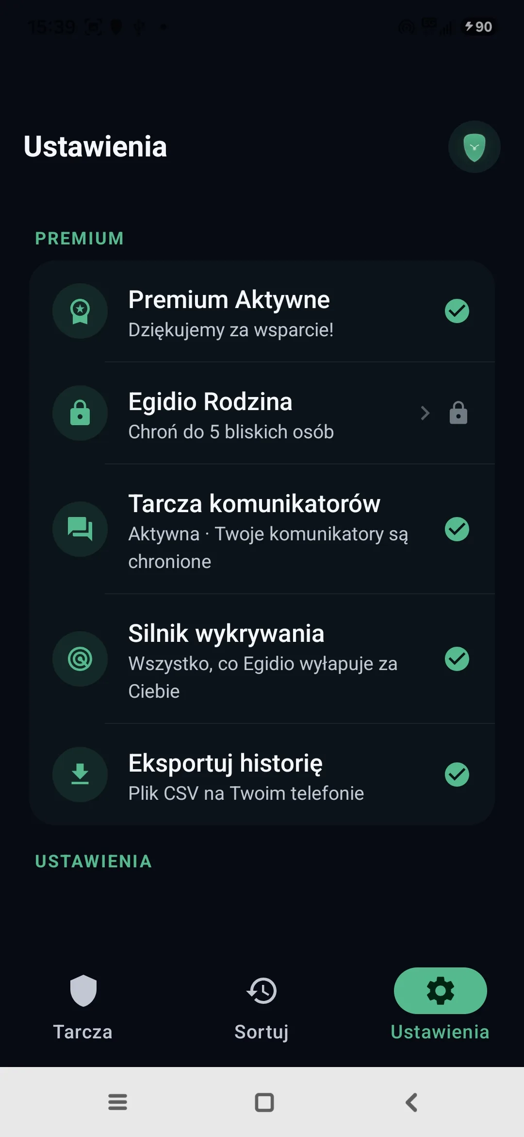 Ustawienia Egidio: Premium aktywne, tryb Rodzina, chroniona skrzynka wiadomości, silnik wykrywania