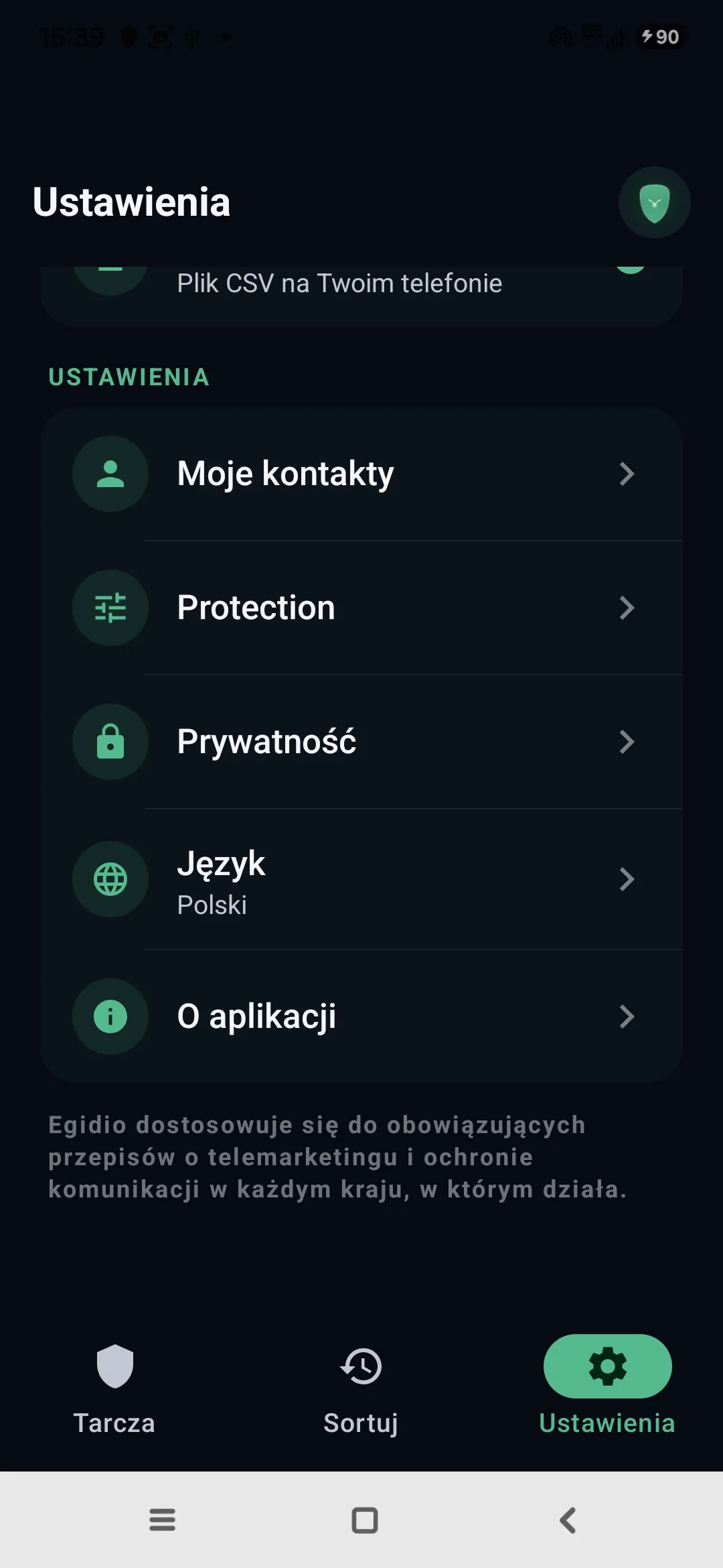 Ustawienia Egidio: kontakty, ochrona, prywatność, język, informacje o aplikacji