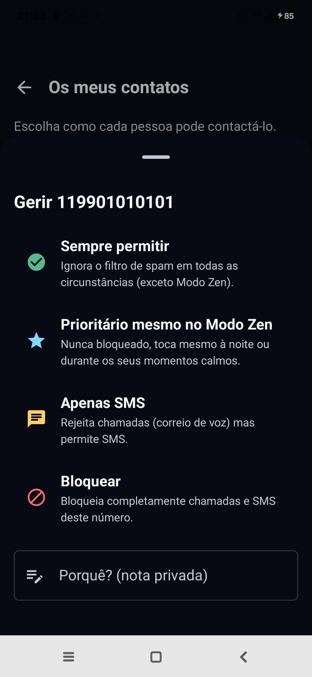 Tela Os meus contatos do Egidio: gerenciamento de um número com as opções Sempre permitir, Prioritário mesmo no Modo Zen, Apenas SMS, Bloquear