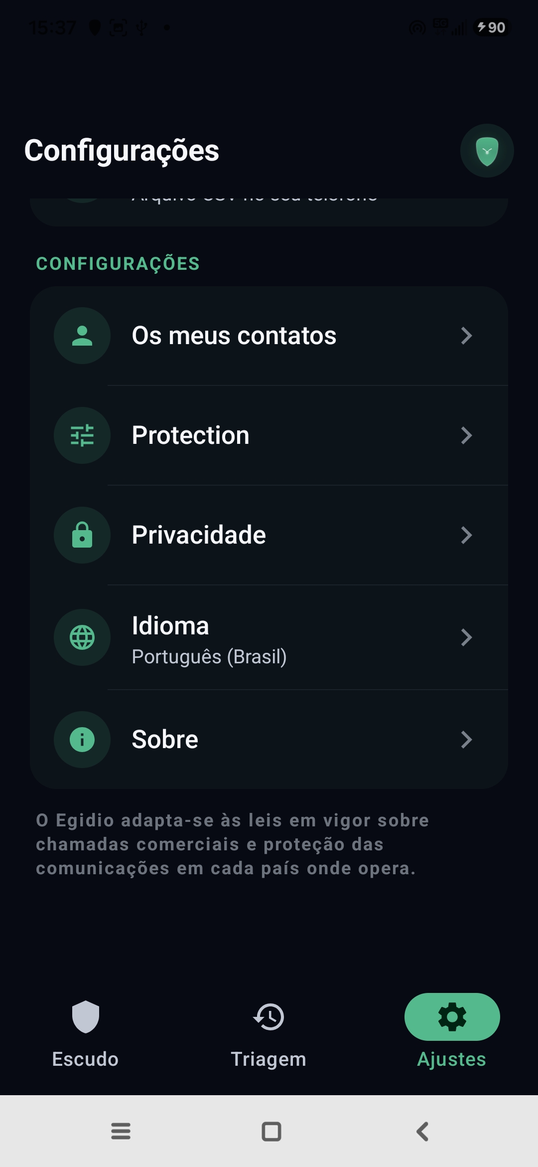 Configurações do Egidio: contatos, proteção, privacidade, idioma, sobre