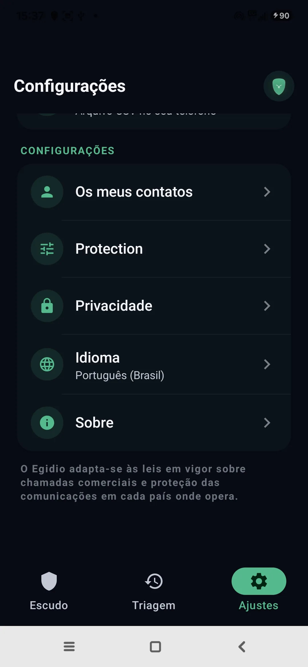 Configurações do Egidio: contatos, proteção, privacidade, idioma, sobre