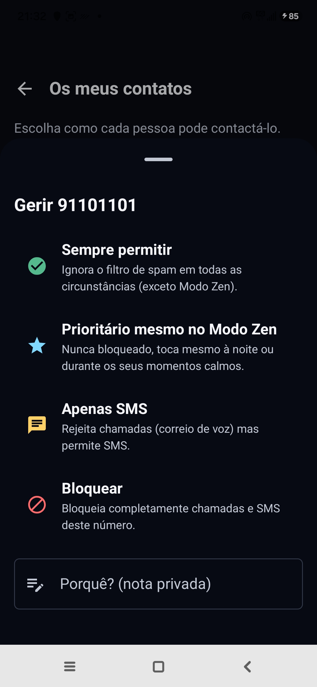 Ecrã Os meus contatos da Egidio: gestão de um número com as opções Sempre permitir, Prioritário mesmo no Modo Zen, Apenas SMS, Bloquear