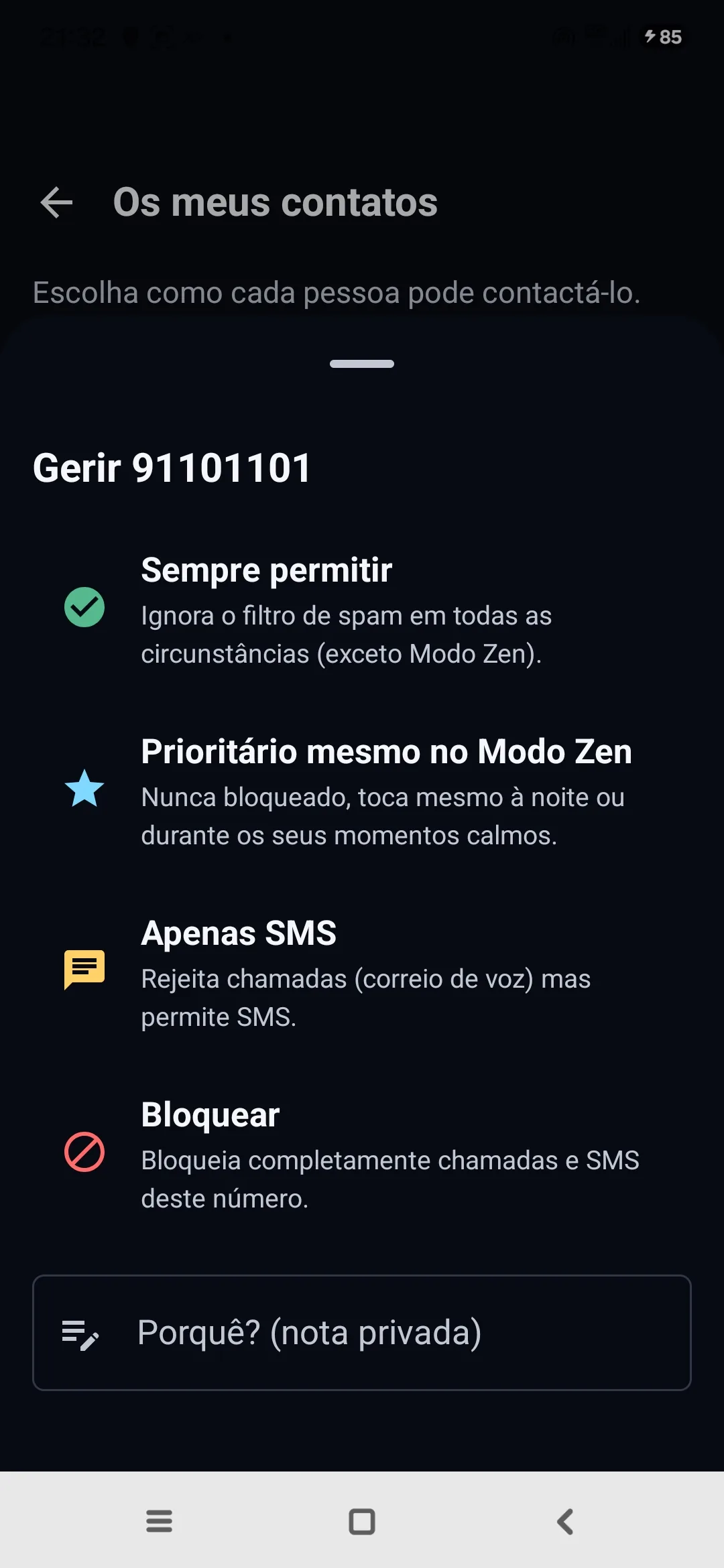 Ecrã Os meus contatos da Egidio: para cada número, sempre permitir, prioritário mesmo no Modo Zen, ou bloquear