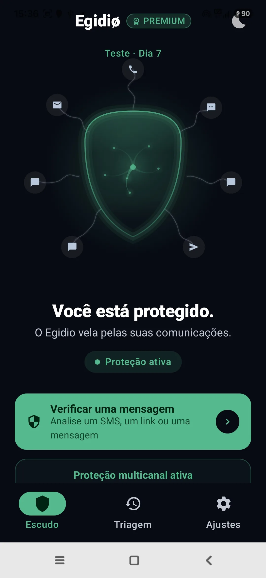 Ecrã principal real da aplicação Egidio, com o escudo Medusa ativo