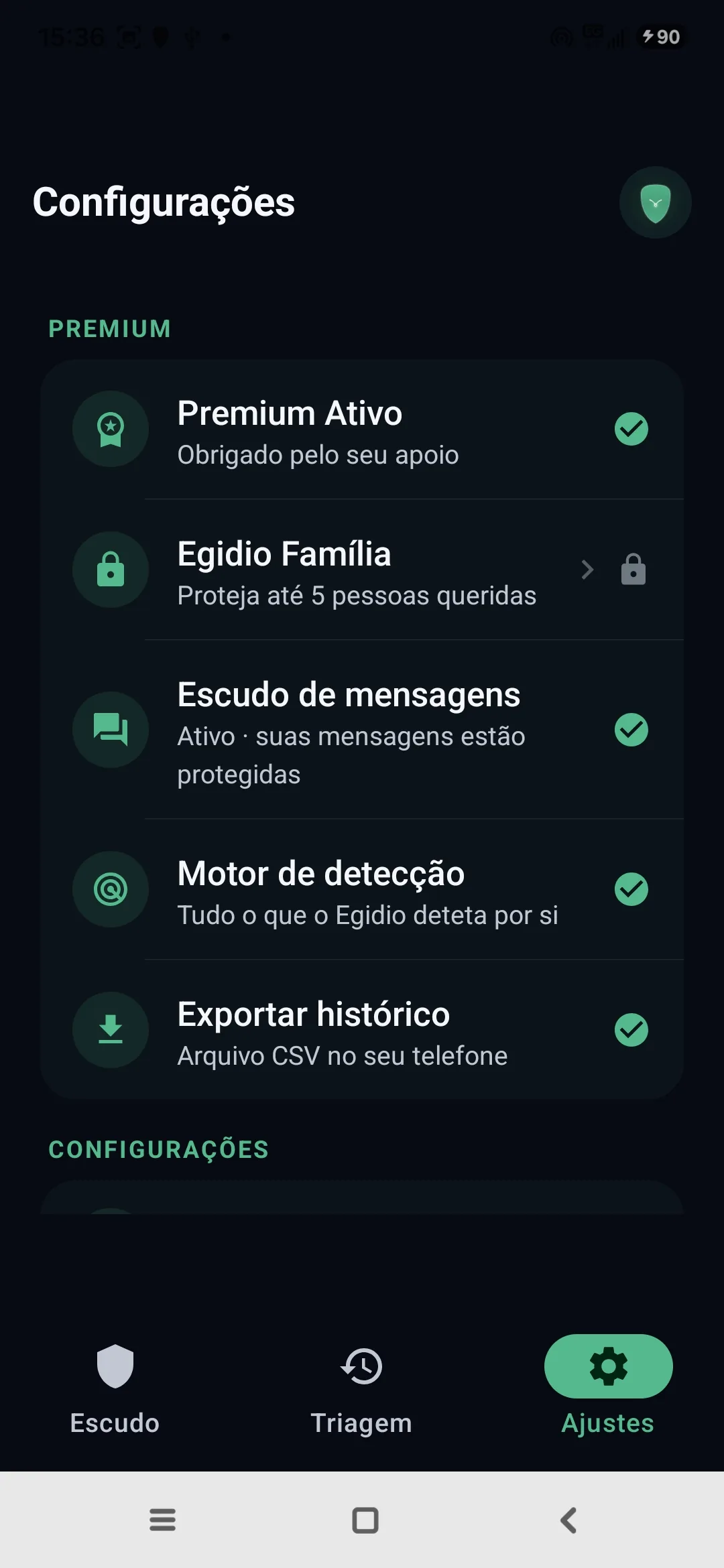 Definições da Egidio: Premium ativo, modo Família, mensagens protegidas, motor de deteção