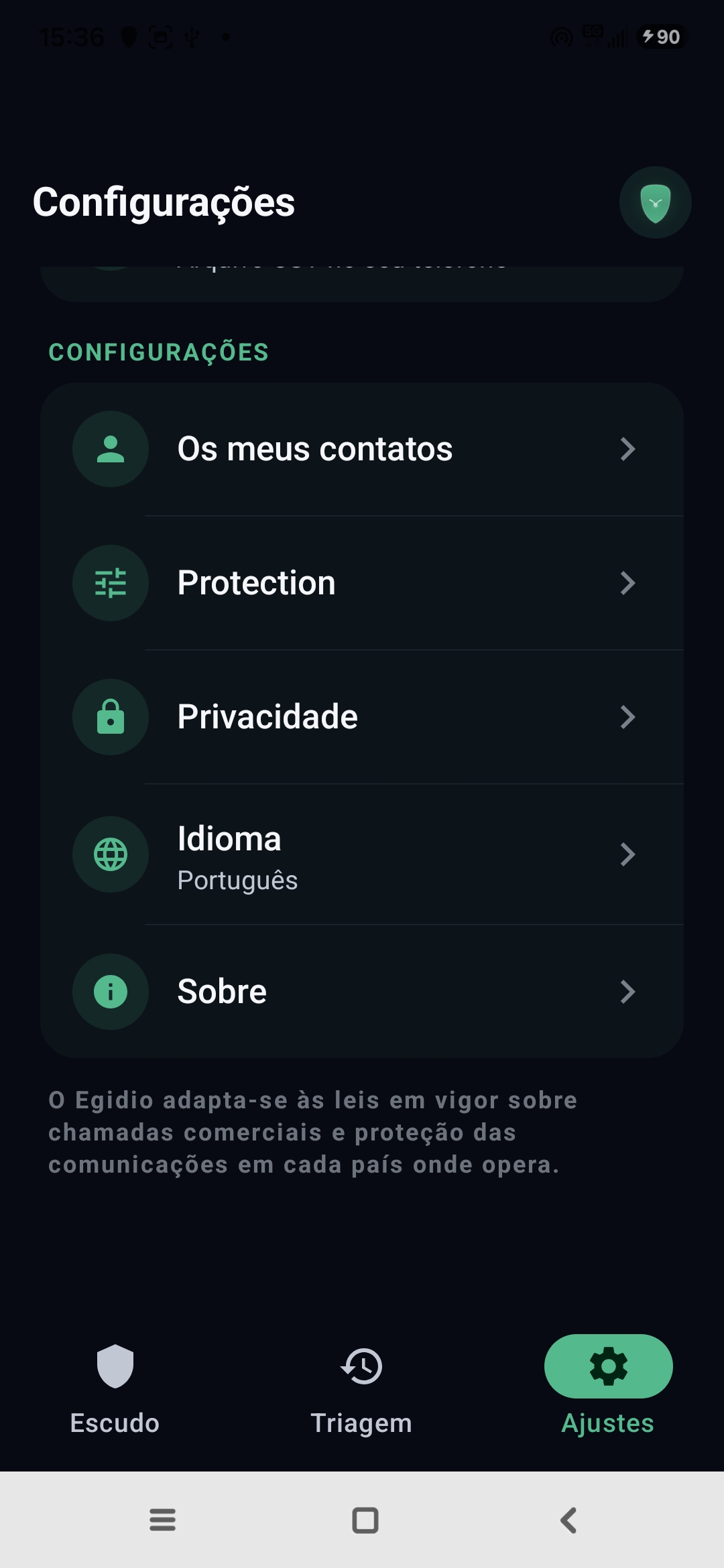 Definições da Egidio: contactos, proteção, privacidade, idioma, sobre