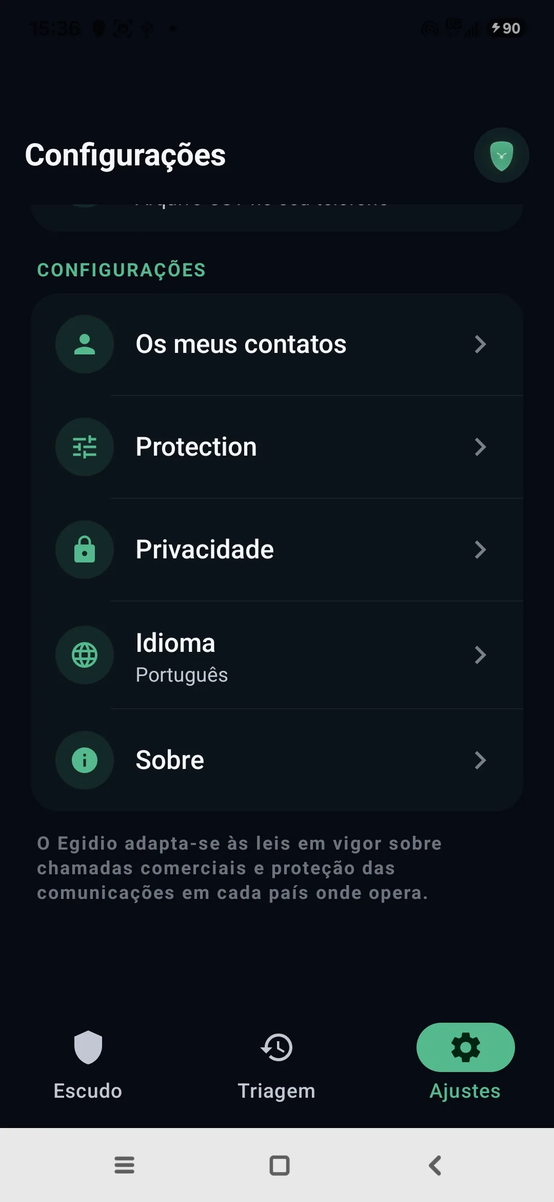 Definições da Egidio: contactos, proteção, privacidade, idioma, sobre