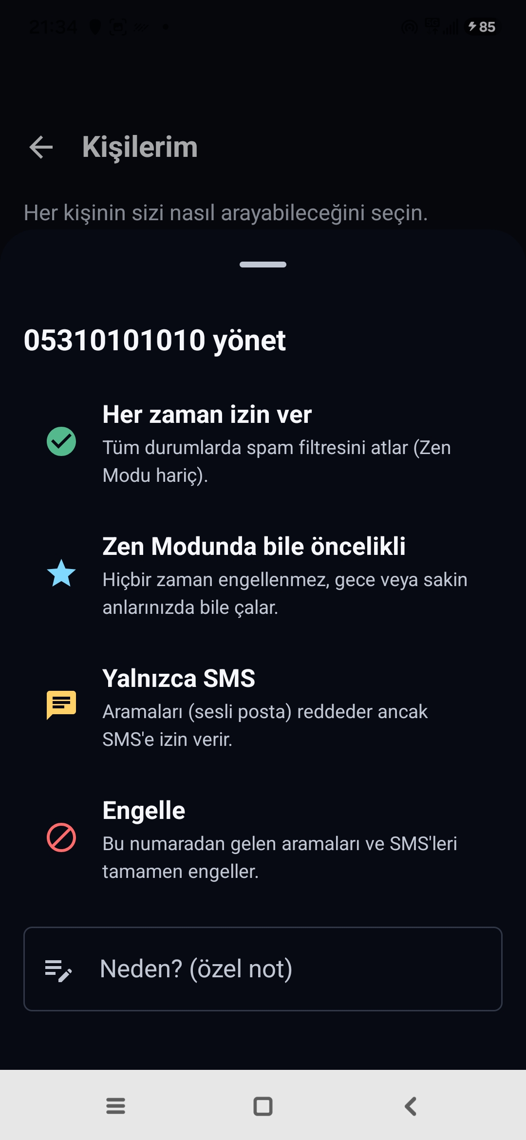 Egidio Kişilerim ekranı: bir numara yönetimi, Her zaman izin ver, Zen Modunda bile öncelikli, Yalnızca SMS, Engelle seçenekleriyle