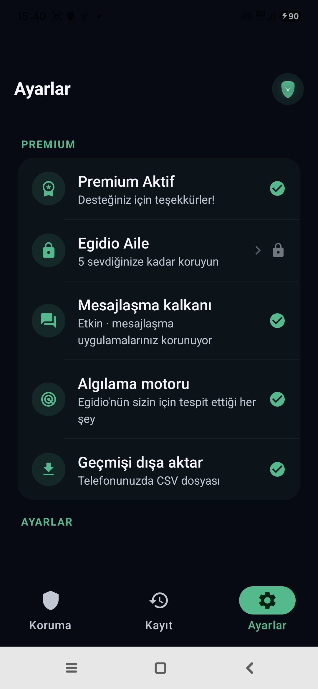 Egidio ayarları: Premium aktif, Aile modu, korumalı mesajlaşma, tespit motoru