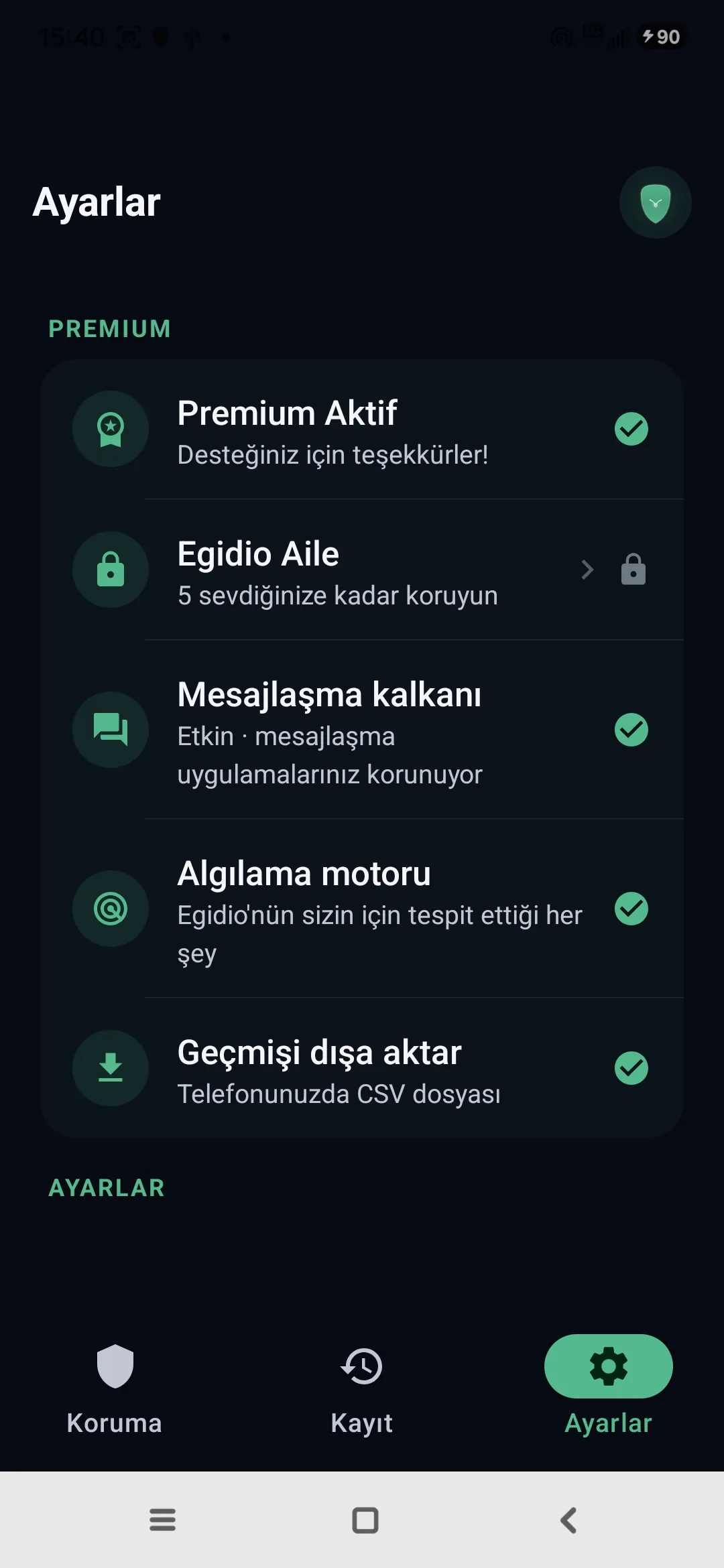 Egidio ayarları: Premium aktif, Aile modu, korumalı mesajlaşma, tespit motoru