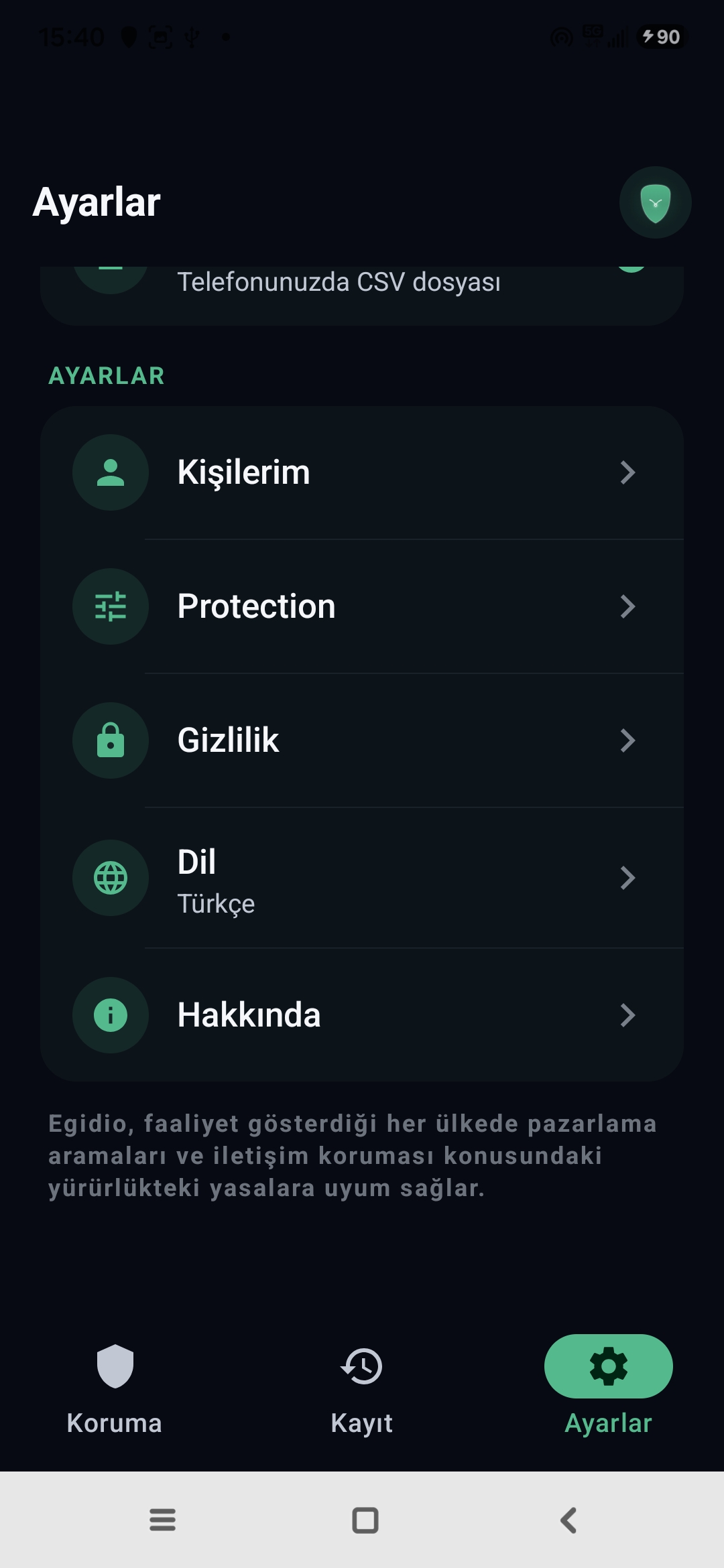 Egidio ayarları: kişiler, koruma, gizlilik, dil, hakkında