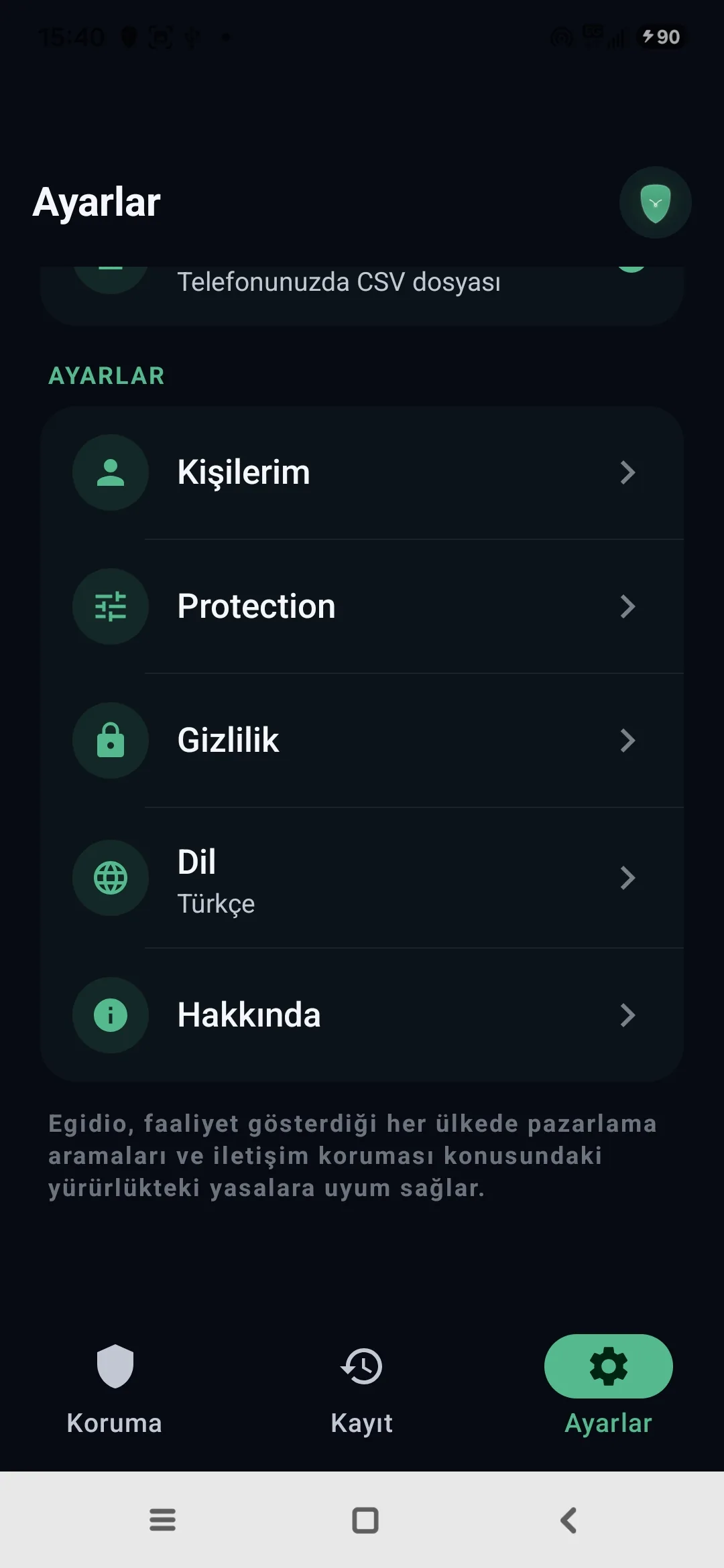 Egidio ayarları: kişiler, koruma, gizlilik, dil, hakkında